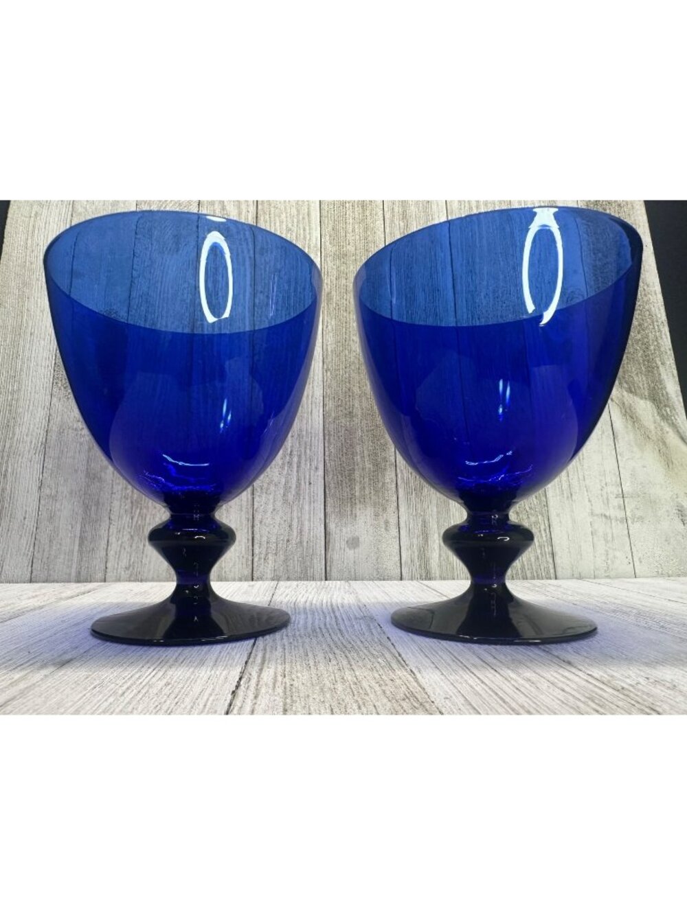 Vtg Bristol Style Cobalt Blue Wine Goblets Glasses Stemmed  5 1/4" Tall Set of 2